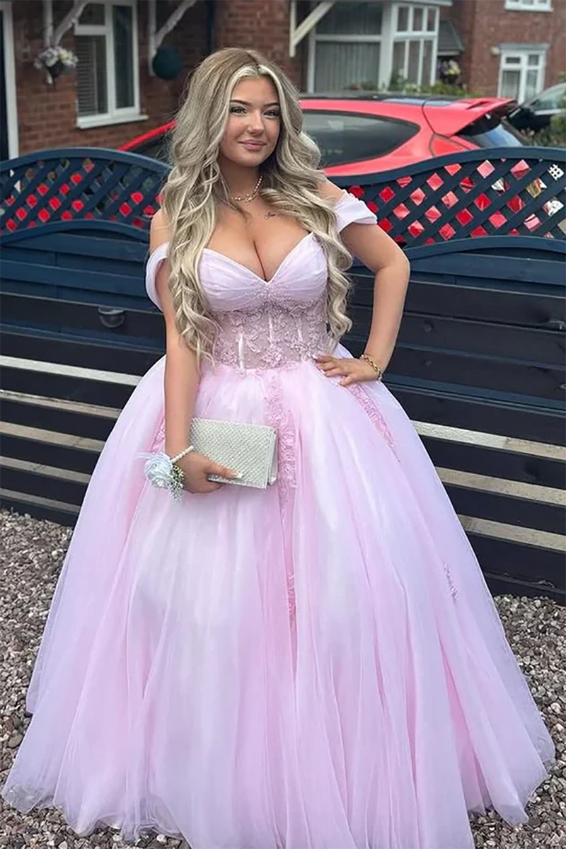 Pink Off Shoulder Lace Prom Dress Princess Evening Gown Sweet 16 Party Dress Ms2506283