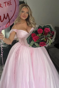 Pink Off Shoulder Lace Prom Dress Princess Evening Gown Sweet 16 Party Dress Ms2506283