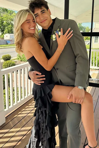 Strapless Ruffle Slit Prom Dress Black Layered Sexy Formal Gown Ms2506241