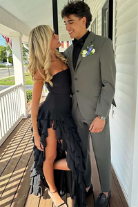 Strapless Ruffle Slit Prom Dress Black Layered Sexy Formal Gown Ms2506241