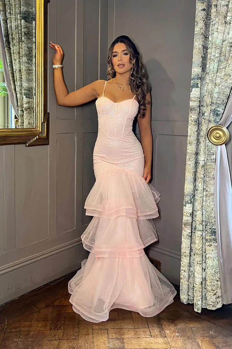 Elegant Pink Sequin Tiered Mermaid Evening Gown Ruffle Prom Dress Ms2506182