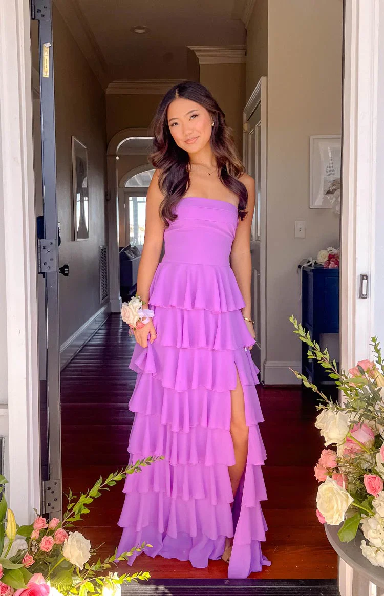 Tiered Strapless Bridesmaid Party Dress Lace Up Prom Dress with Slit Ms2506171