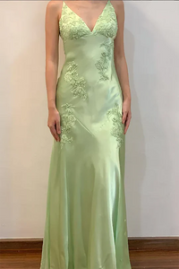 Satin Lace Appliques Prom Dress Backless V Neck Formal Evening Gown Ms2506153