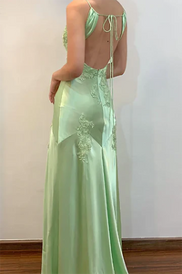 Satin Lace Appliques Prom Dress Backless V Neck Formal Evening Gown Ms2506153
