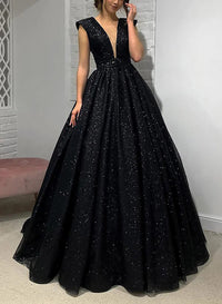 Black Sparkly Prom Dress Deep V Neck Open Back Glitter Evening Dress Graduation Gowns Ms2608275