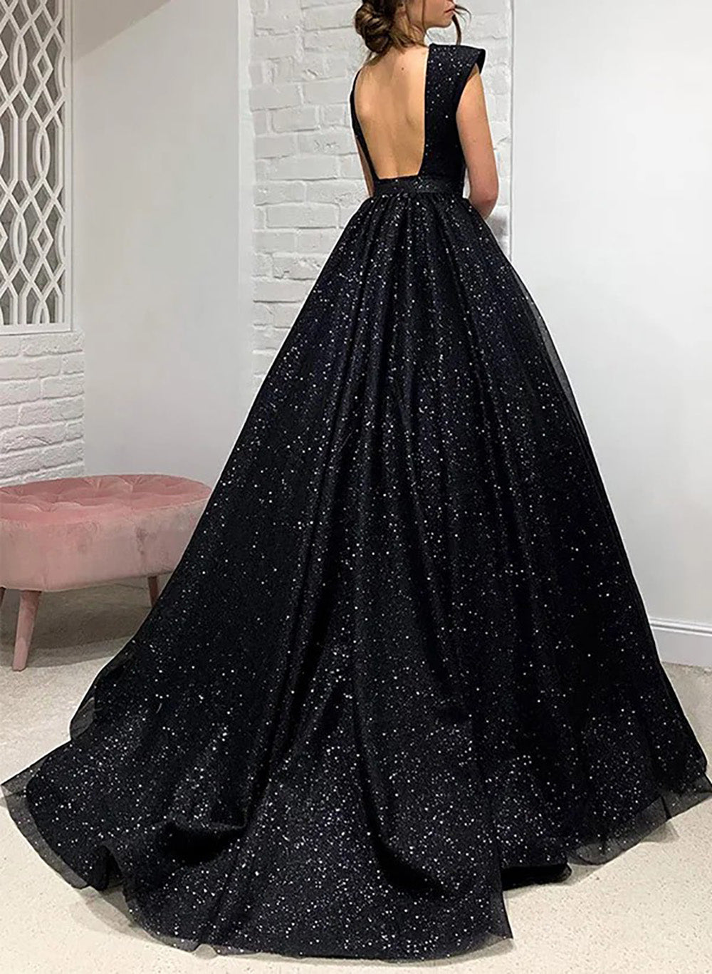 Black Sparkly Prom Dress Deep V Neck Open Back Glitter Evening Dress Graduation Gowns Ms2608275
