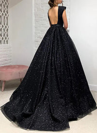 Black Sparkly Prom Dress Deep V Neck Open Back Glitter Evening Dress Graduation Gowns Ms2608275