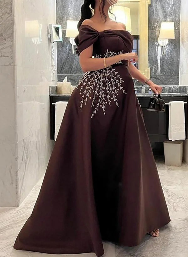 Beaded Off Shoulder Prom Dress Satin A Line Women's Formal Evening Gowns Ms2608213