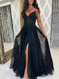 Black Sparkly Prom Dress Spaghetti Strap V Neck High Slit A Line Tulle Evening Gown Ms2608241