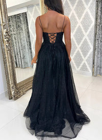 Black Sparkly Prom Dress Spaghetti Strap V Neck High Slit A Line Tulle Evening Gown Ms2608241