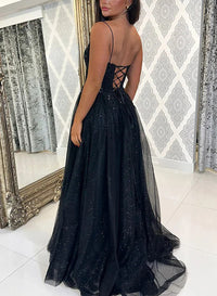 Black Sparkly Prom Dress Spaghetti Strap V Neck High Slit A Line Tulle Evening Gown Ms2608241
