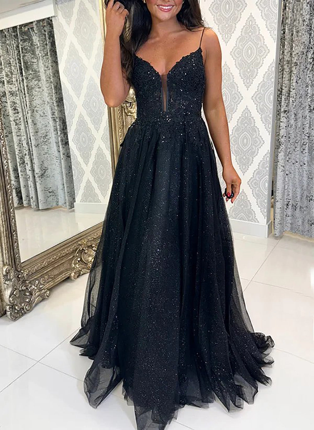 Black Sparkly Prom Dress Spaghetti Strap V Neck High Slit A Line Tulle Evening Gown Ms2608241
