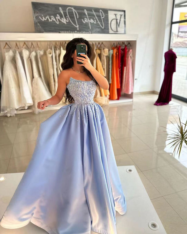 Sky Blue Beads Prom Dresses Crystal A Line Formal Occasion Dresses Satin Women Banquet Dress