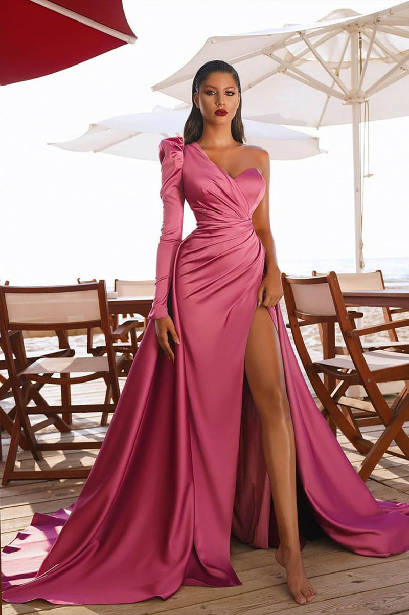 One Shoulder Satin Evening Dress with High Slit Formal Prom Dress Ms2512261