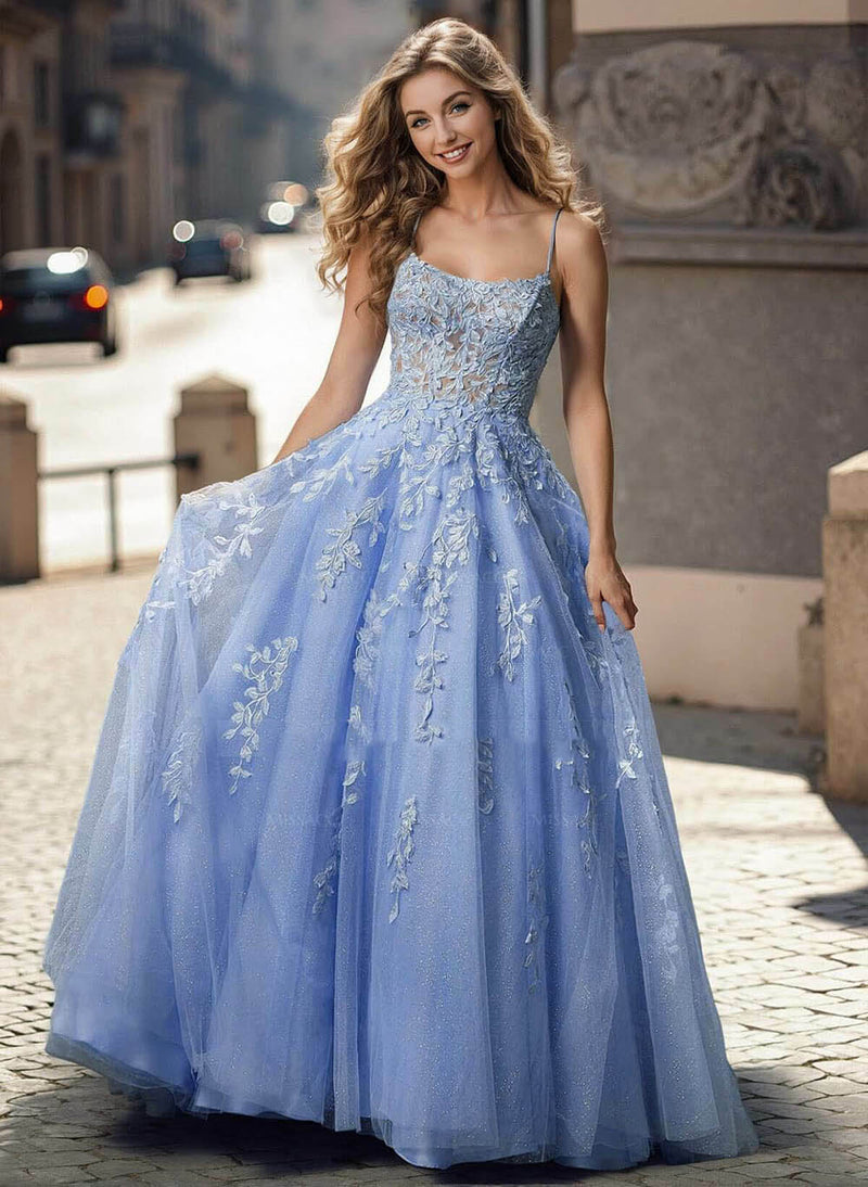 Lace Appliqué Prom Dress Spaghetti Strap Tulle Ball Gown Evening Dress Ms2512272