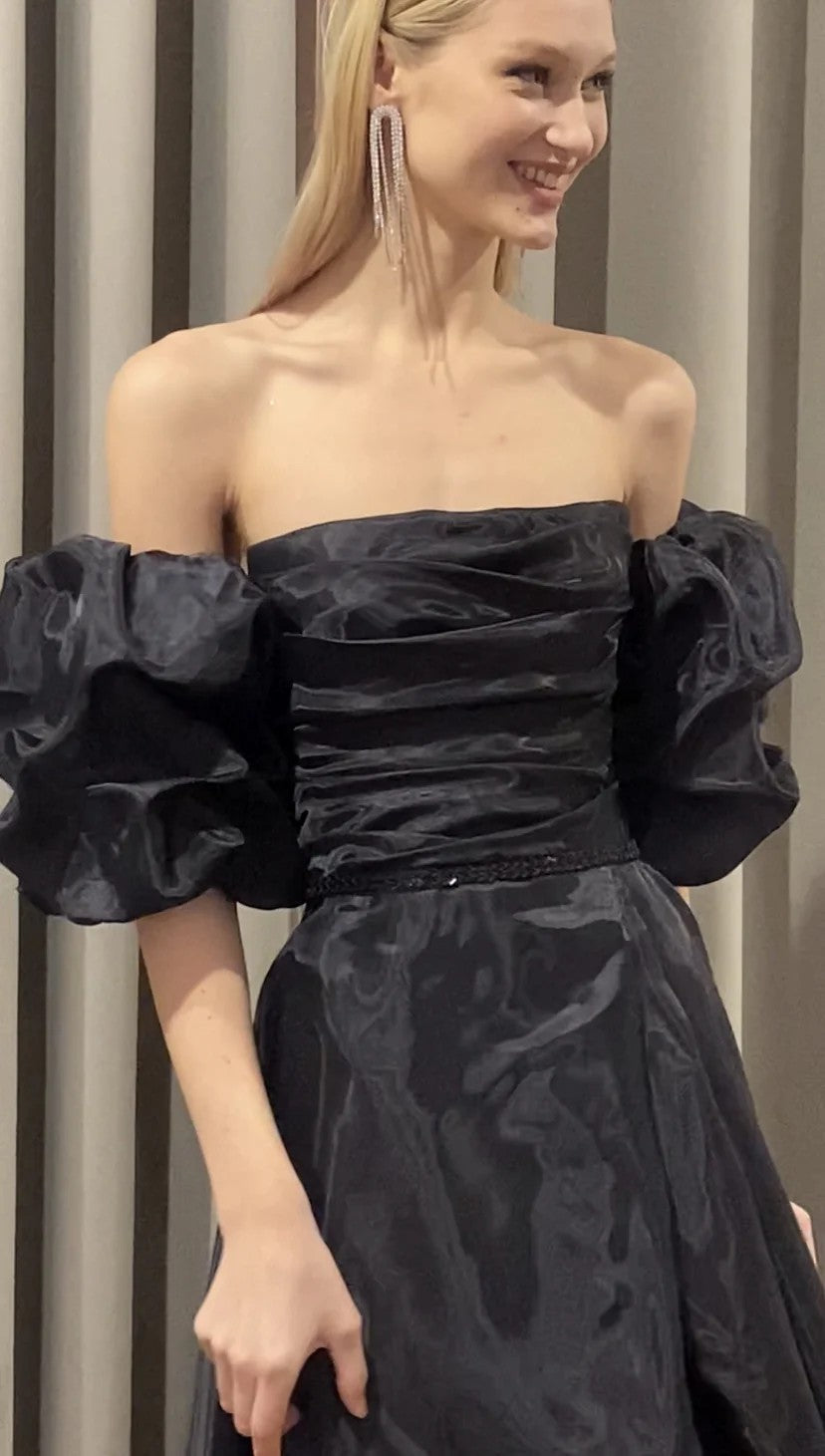 A-Line Puff Sleeve Evening Gown Beaded Belt High Slit Prom Dress Ms2602052