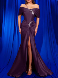 Satin Evening Dress Off Shoulder Mermaid Prom Dress High Slit Ruched Beaded Formal Gown Ms2608272