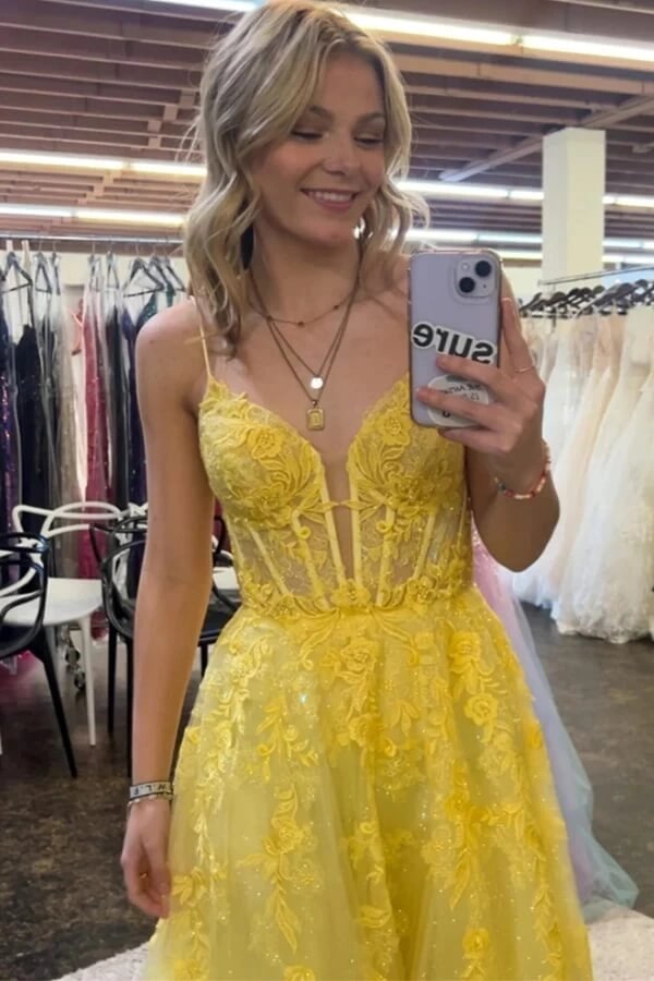 Yellow Lace Applique Prom Dress Spaghetti Strap A Line Tulle Corset Evening Dress Ms2606205