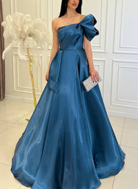 One Shoulder Blue Satin Evening Dress with Bow Detail Formal Prom Dress Ms2601305