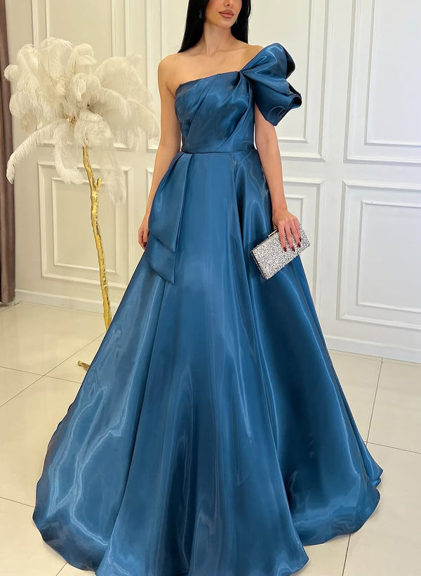 One Shoulder Blue Satin Evening Dress with Bow Detail Formal Prom Dress Ms2601305