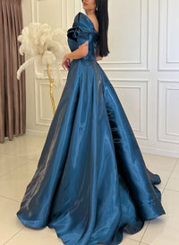 One Shoulder Blue Satin Evening Dress with Bow Detail Formal Prom Dress Ms2601305
