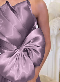 Lavender Strapless Satin Evening Dress Bow Sexy High Slit Prom Dress Ms2601293