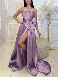 Lavender Strapless Satin Evening Dress Bow Sexy High Slit Prom Dress Ms2601293
