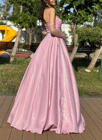 Pink Satin A Line Evening Dresses Strapless Formal Prom Dress With Beading Ms2601294