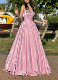 Pink Satin A Line Evening Dresses Strapless Formal Prom Dress With Beading Ms2601294