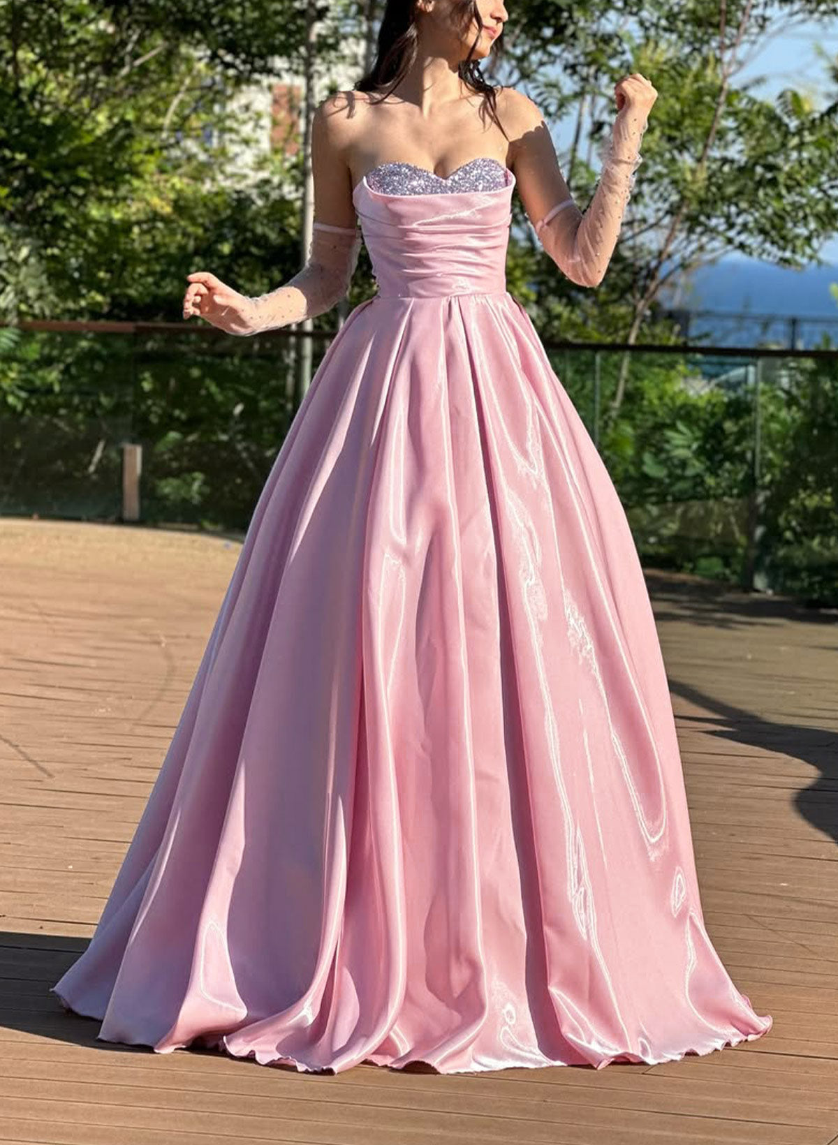 Pink Satin A Line Evening Dresses Strapless Formal Prom Dress With Beading Ms2601294