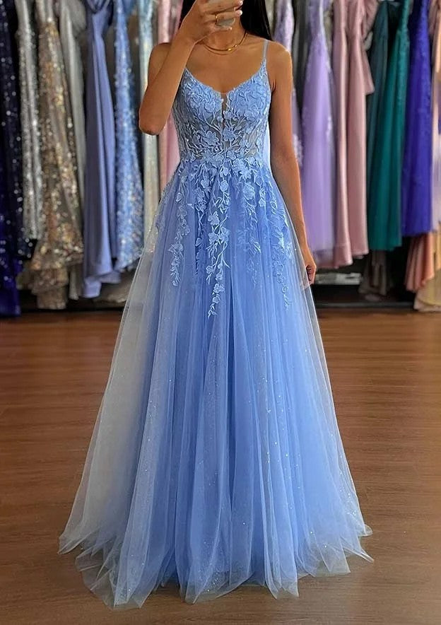 Lace Appliques Prom Dress Spaghetti Strap A Line Sparkly Tulle Evening Dress Ms2603264
