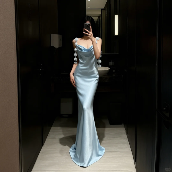 Satin Mermaid Evening Dress Cowl Neck Floral Strap Formal Evening Gown Backless Party Dress Ms2607211