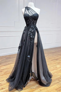 One Shoulder Slit Sparkly Prom Dress Flower Formal Evening Dress Ms2508095