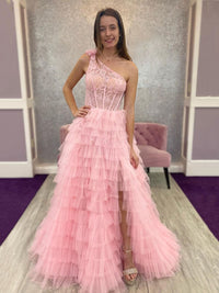 Abito da sera con spacco Ruffle, scollo a cuore, applicazioni in pizzo, corsetto, abito formale per festa di prom Ms2504114