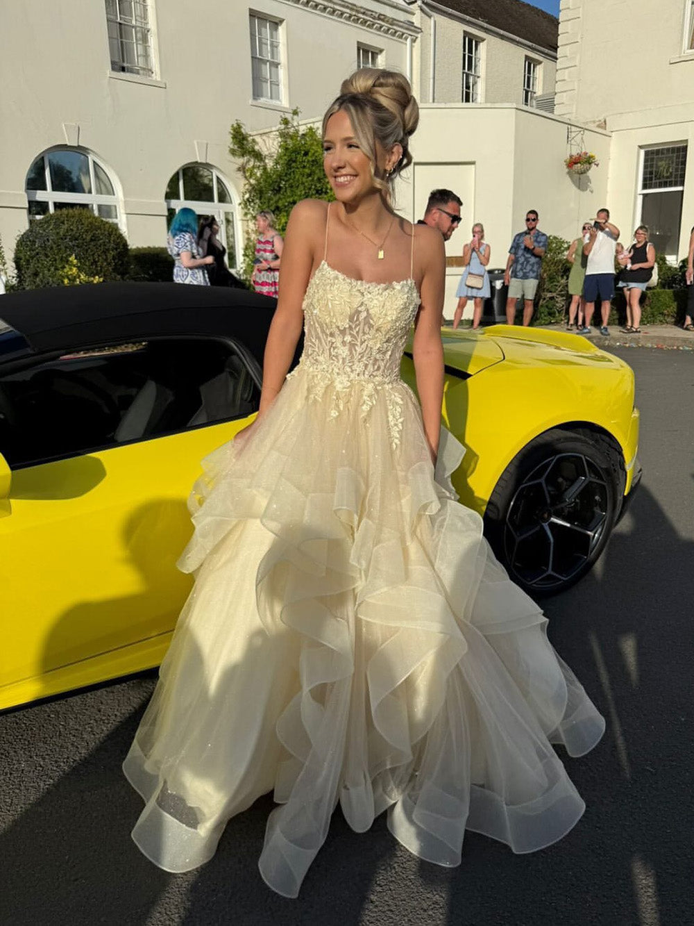 Ball Gown Prom Dress Spaghetti Strap Lace Appliques Corset Layered Tulle Princess Evening Dress Ms2607181