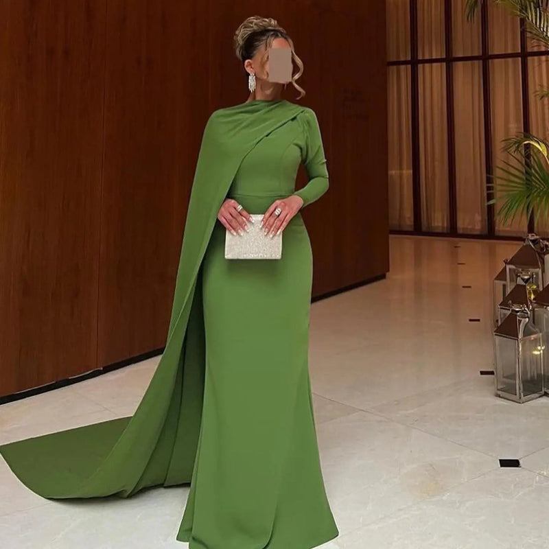 Luxury Green Mermaid Evening Dress Cape Long Sleeve Prom Dress Party Gown Ms2607215