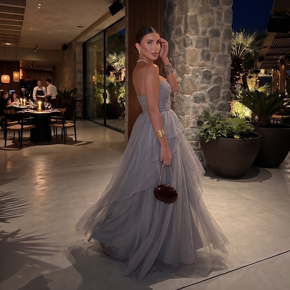 Grey Strapless Tulle Prom Dress Layered A Line Formal  Evening Gown Party Dress Ms2607202