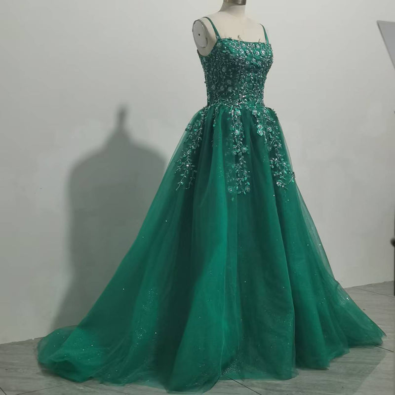 Glitter Tulle Prom Dresses for Women Sparkly Lace Appliques Long Ball Gowns Spaghetti Straps A-Line Evening Dresses