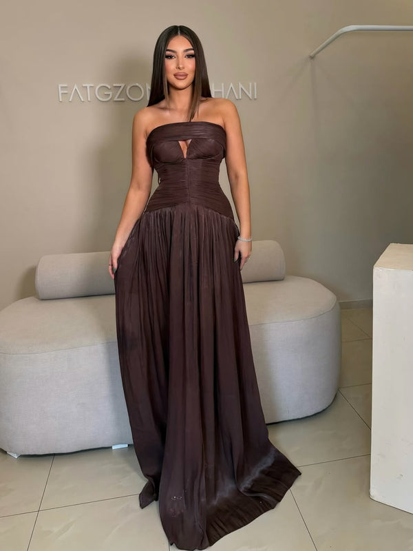Brown Strapless Prom Dress Ruched Luxury Formal Evening Gown Pleated Party Dress Ms2605271