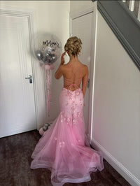 Pink Mermaid Prom Dress Spaghetti Strap Flower Lace Applique Corset Backless Evening Gown Ms2607184