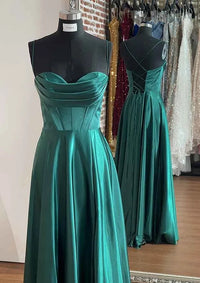 Sexy Satin Prom Dress Spaghetti Strap A Line Corset High Slit Evening Dress Ms2603263