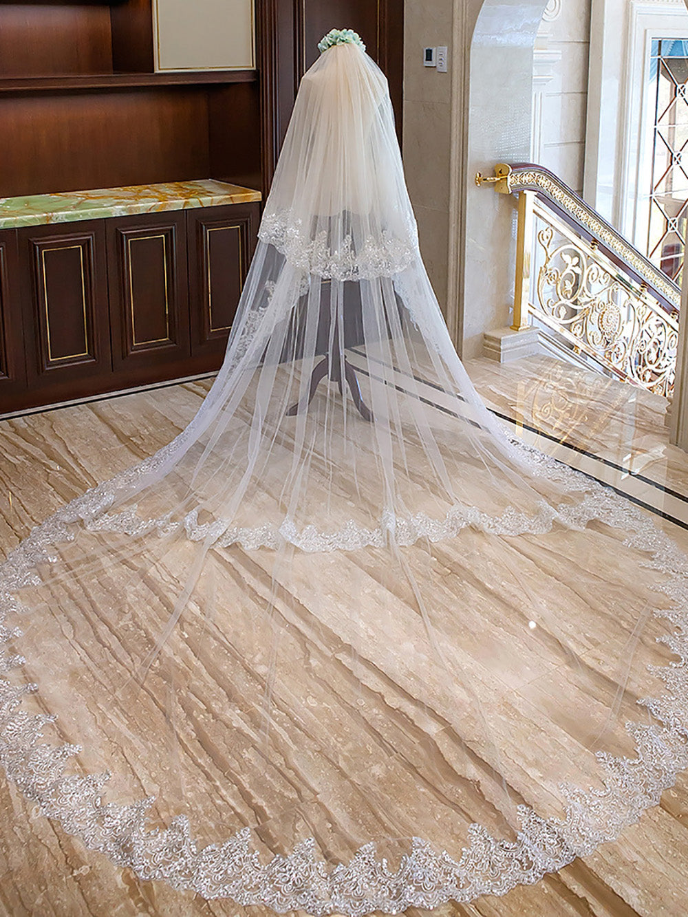 Wedding Veil Lace Applique Edge Long Luxurious Bridal Veil Accessories Ms2603303