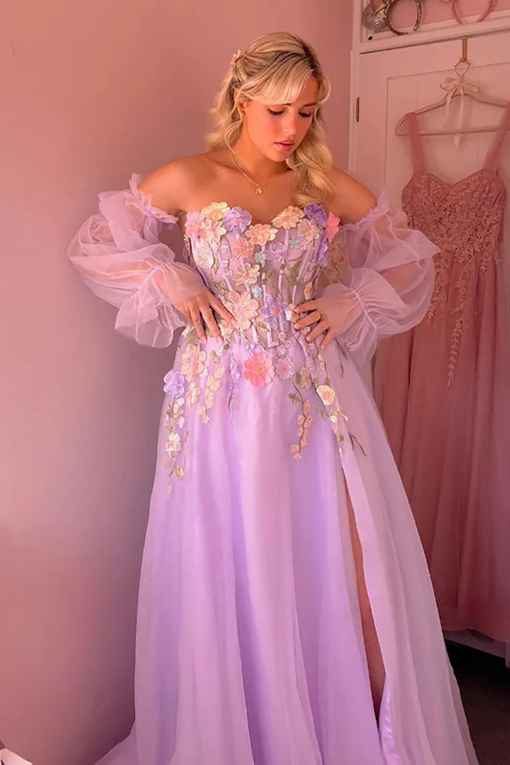 Long Sleeve Evening Gown Appliques Off Shoulder Tulle Slit Fairy Prom –  Msikoods Official Store