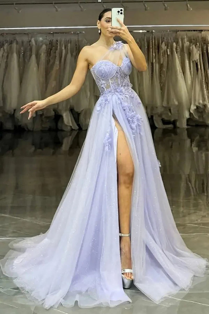One Shoulder Corset Prom Dress 2025 Lace Appliques Tulle High Slit Party Dress Ms2506186