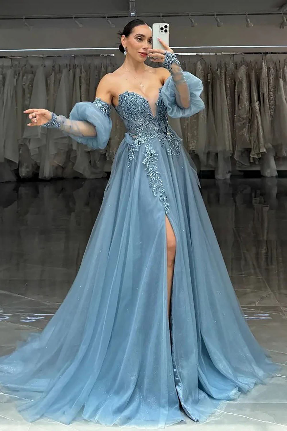 Sparkly Party Dress Off Shoulder Lace Appliqué High Slit Tulle Prom Dress Ms2506181