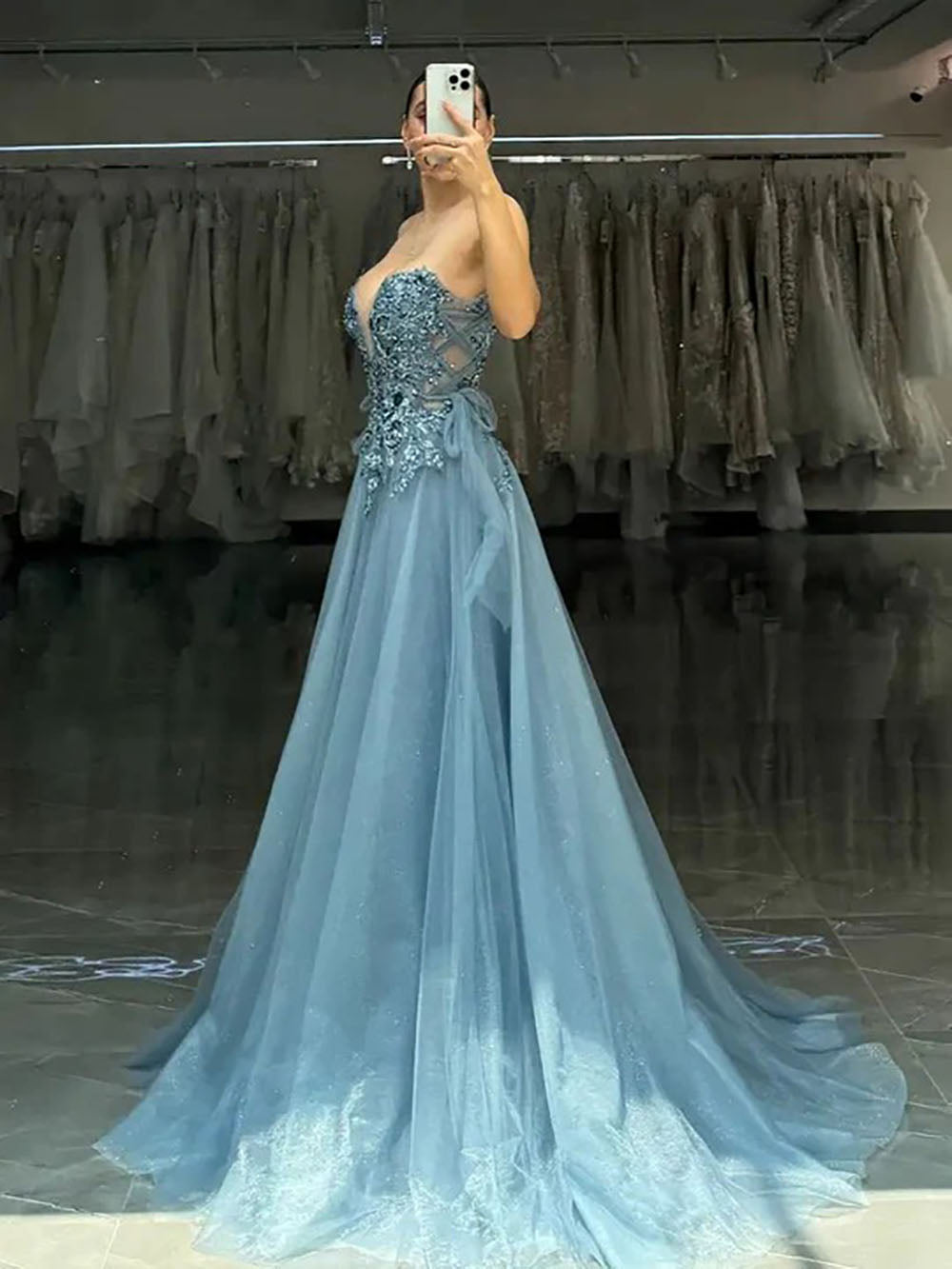 Sparkly Party Dress Off Shoulder Lace Appliqué High Slit Tulle Prom Dress Ms2506181