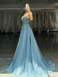 Sparkly Party Dress Off Shoulder Lace Appliqué High Slit Tulle Prom Dress Ms2506181