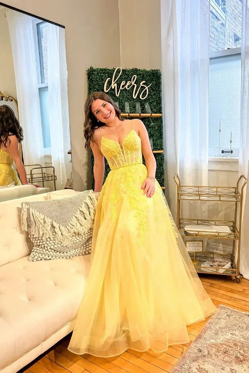 Yellow Spaghetti Straps Lace Corset Prom Dress A-Line Tulle Party Gown Ms2506254