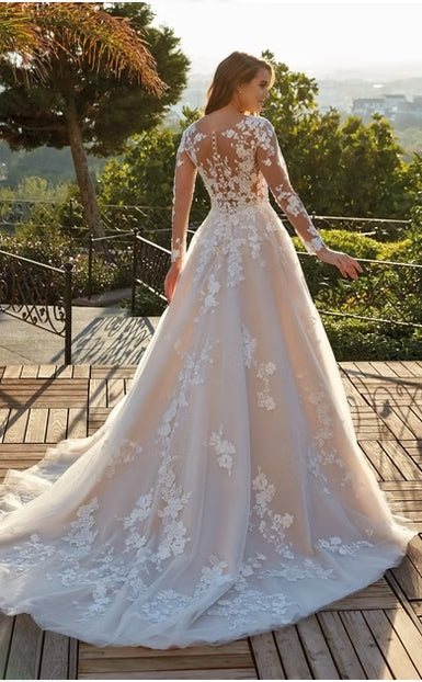 Elegant Illusion Lace Wedding Dress Long Sleeves Floral Appliqué Bride Dress Ms25052202