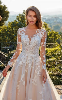 Elegant Illusion Lace Wedding Dress Long Sleeves Floral Appliqué Bride Dress Ms25052202